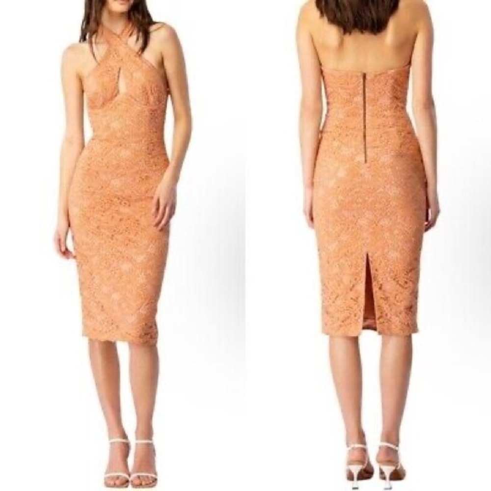 Nwt Bardot Riveria Lace Corset Bodycon Halter MIDI Dress in rust color Womens xs